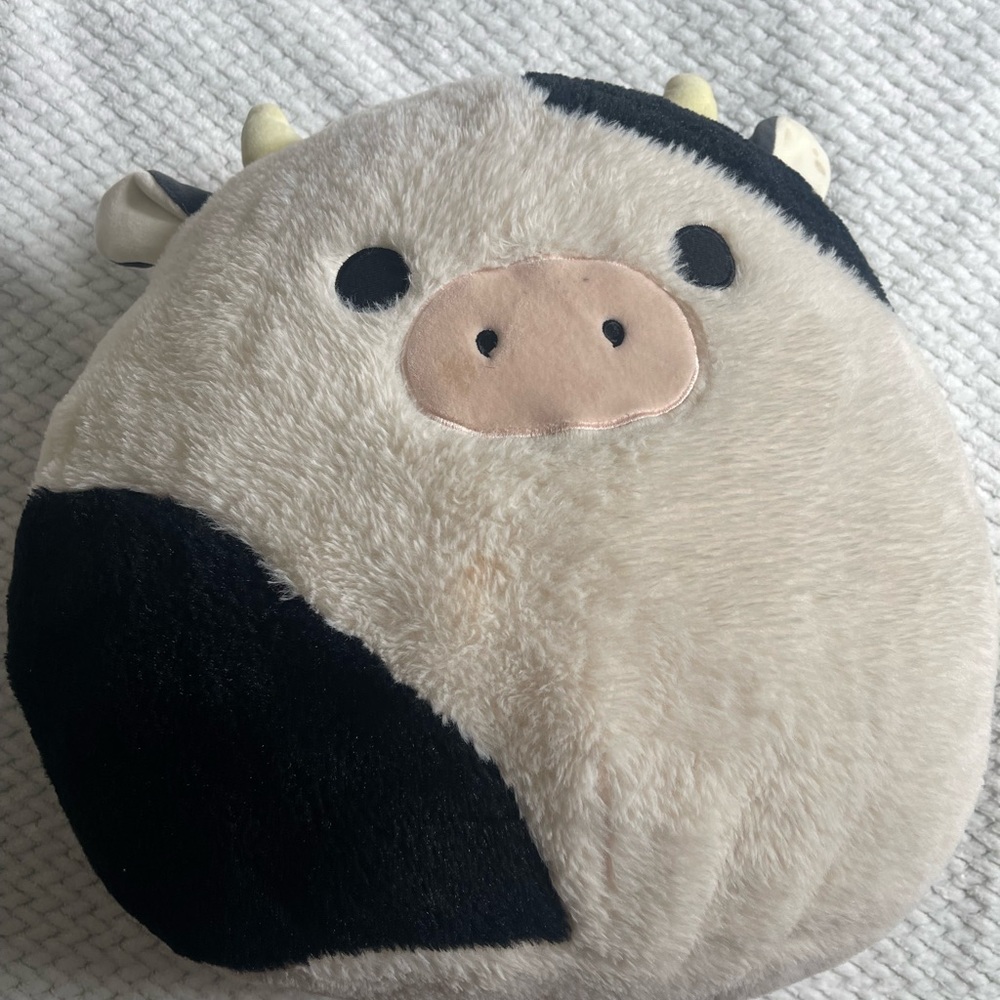 Fluffy cream and black cow